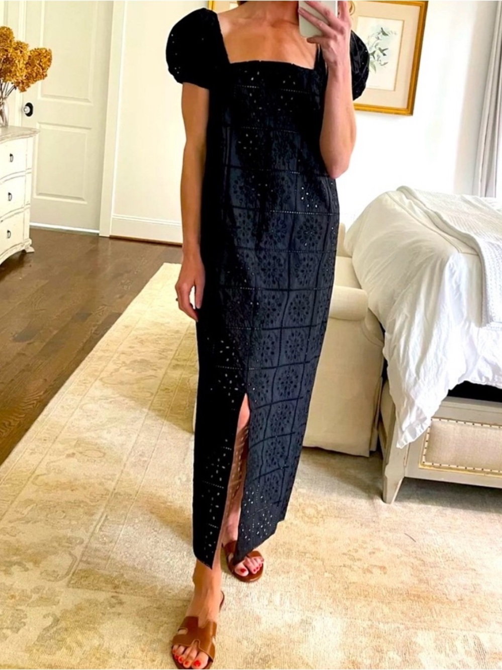 Ganni Black Puff-Sleeve Eyelet Maxi Dress